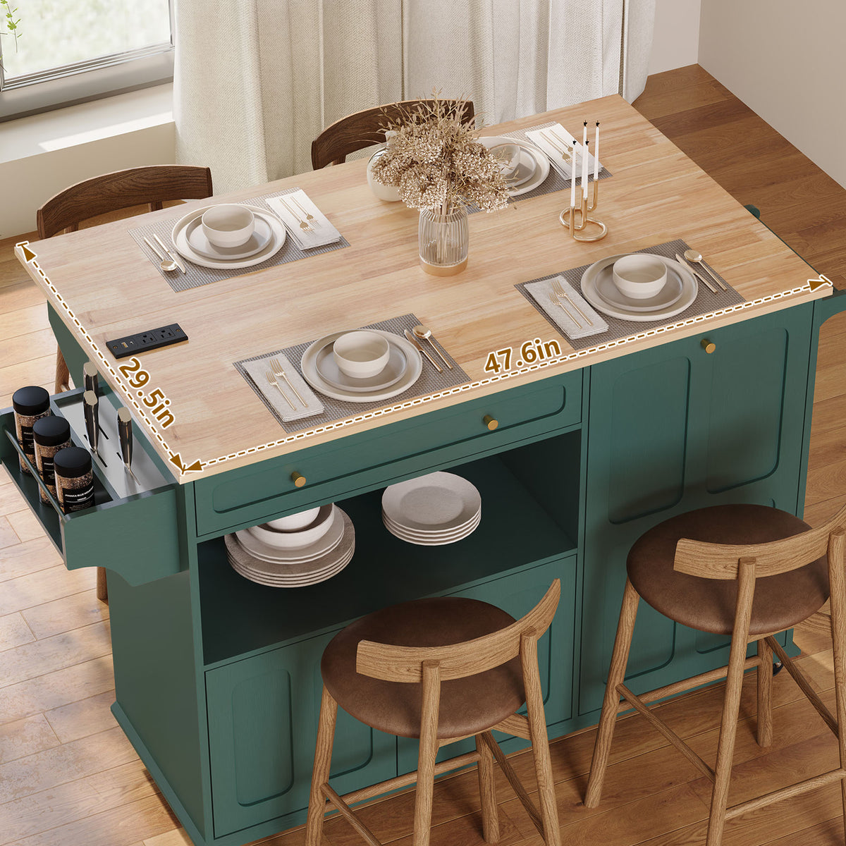 HLR Mid-Century 60" Kitchen Island with Trash Can Storage, Rolling Island Table, Green