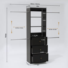 CBJCBJ Wood Closet Organizer System with 3 Drawers, 4 Hanging Rods, Wardrobe Clothes Rack for Bedroom,Black