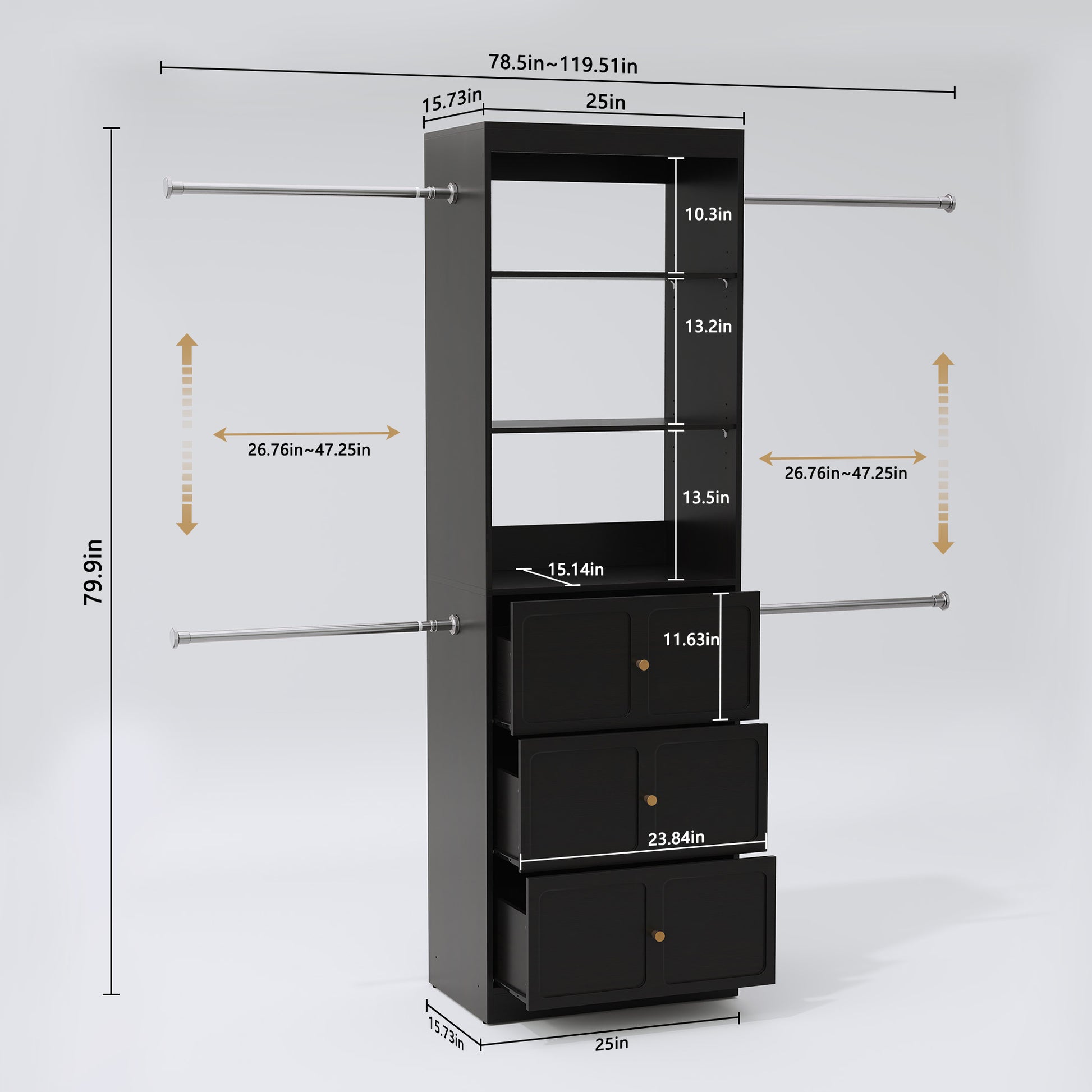 CBJCBJ Wood Closet Organizer System with 3 Drawers, 4 Hanging Rods, Wardrobe Clothes Rack for Bedroom,Black
