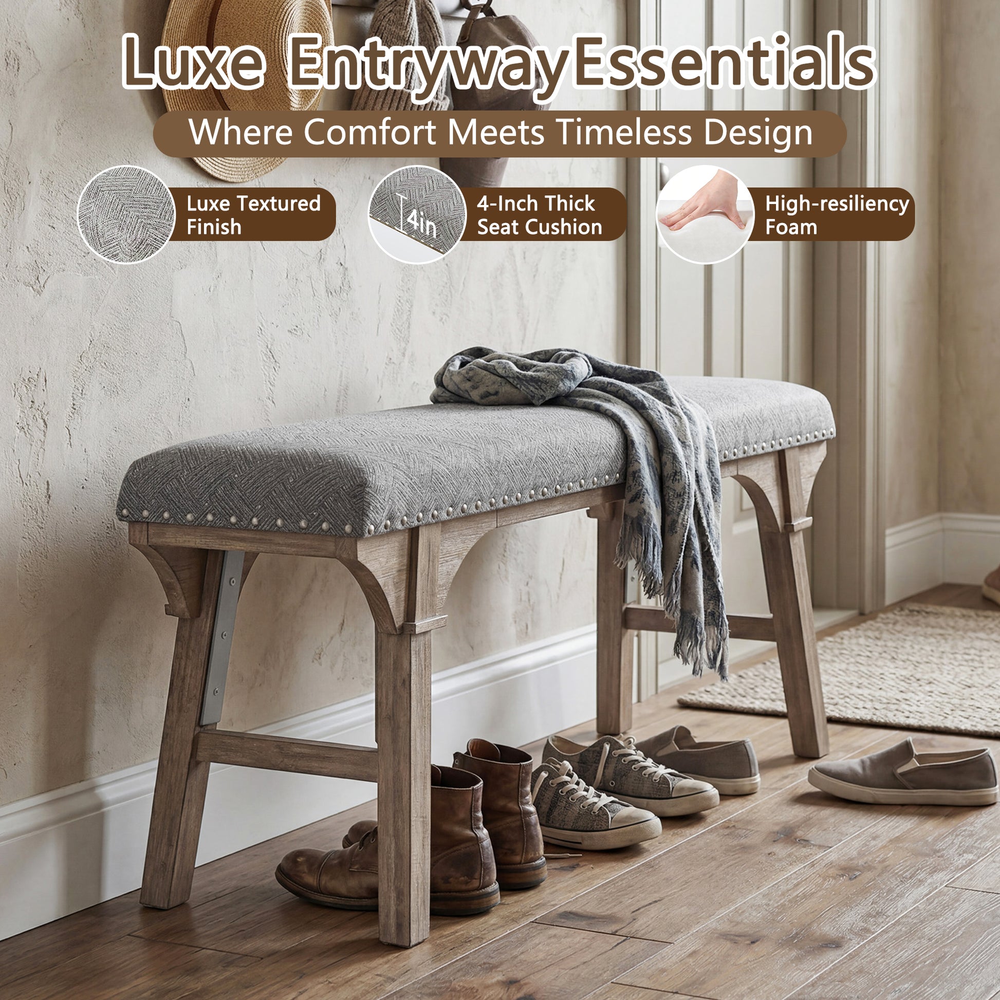 HLR 44" Modern Bedroom Benches, Upholstered Entryway Bench/End of Bed Bench for Living Room, Gray