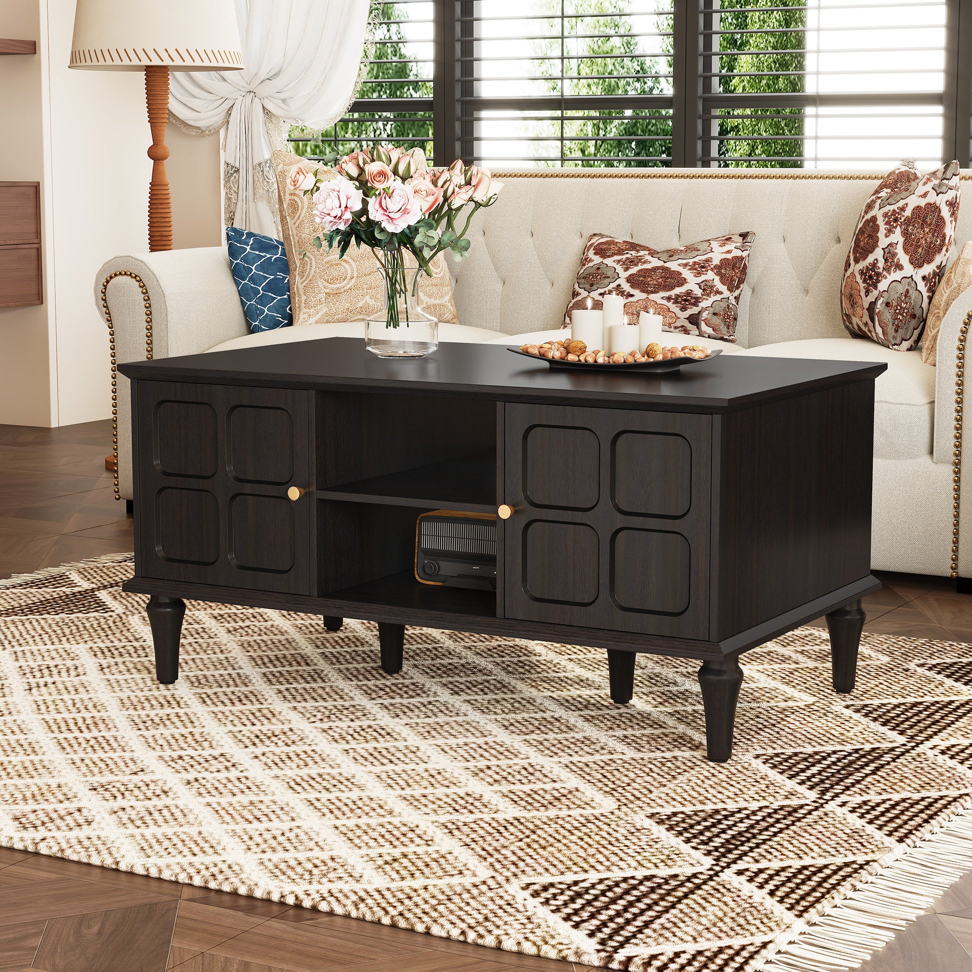 HLR 39.4" Mid Century Coffee Table with Storage, Wood Center Table with Open Shelves for Living Room, Black