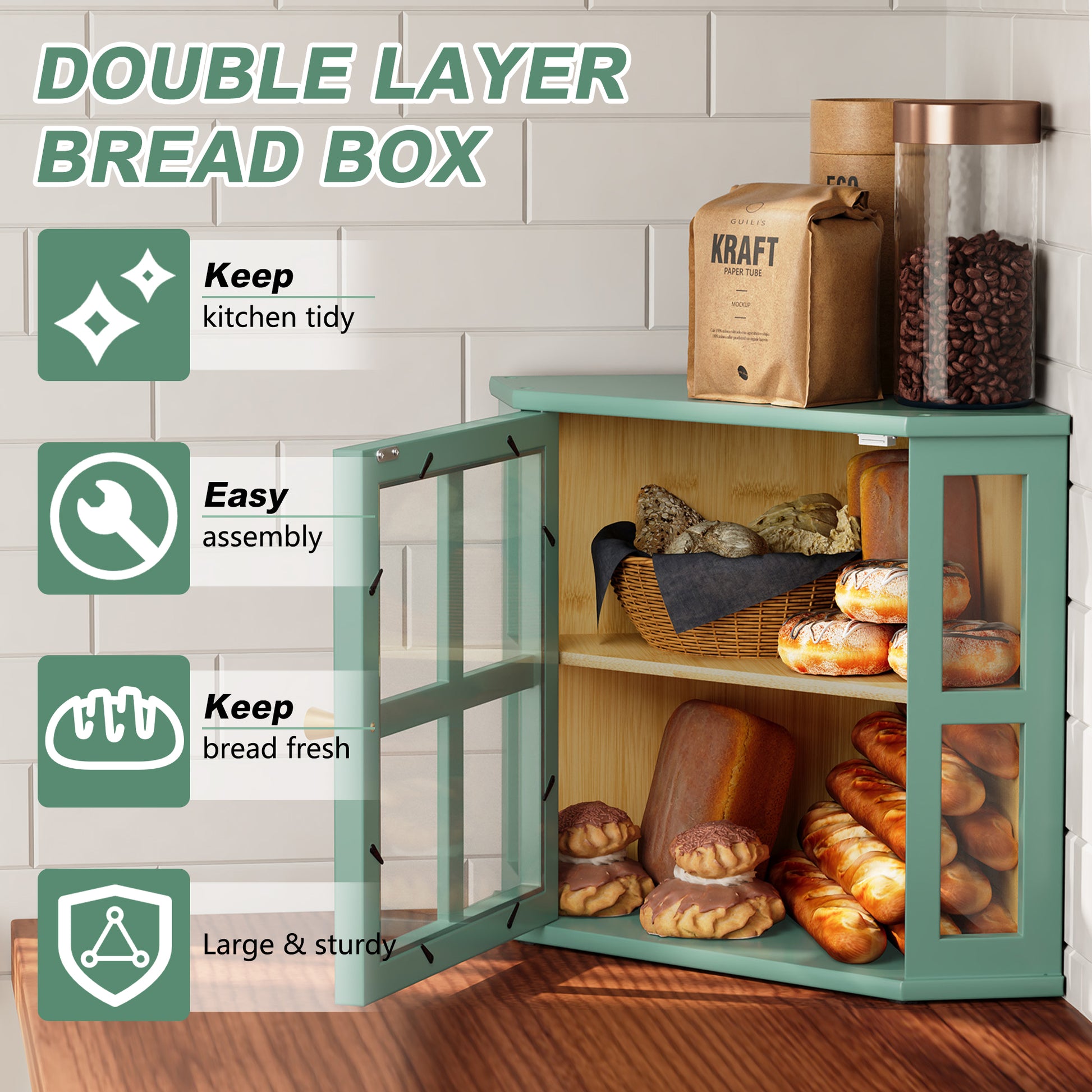 HLR Double Layer Bamboo Bread Box for Kitchen Counter, Large Capacity Bread Storage Bin with Acrylic Door, Green