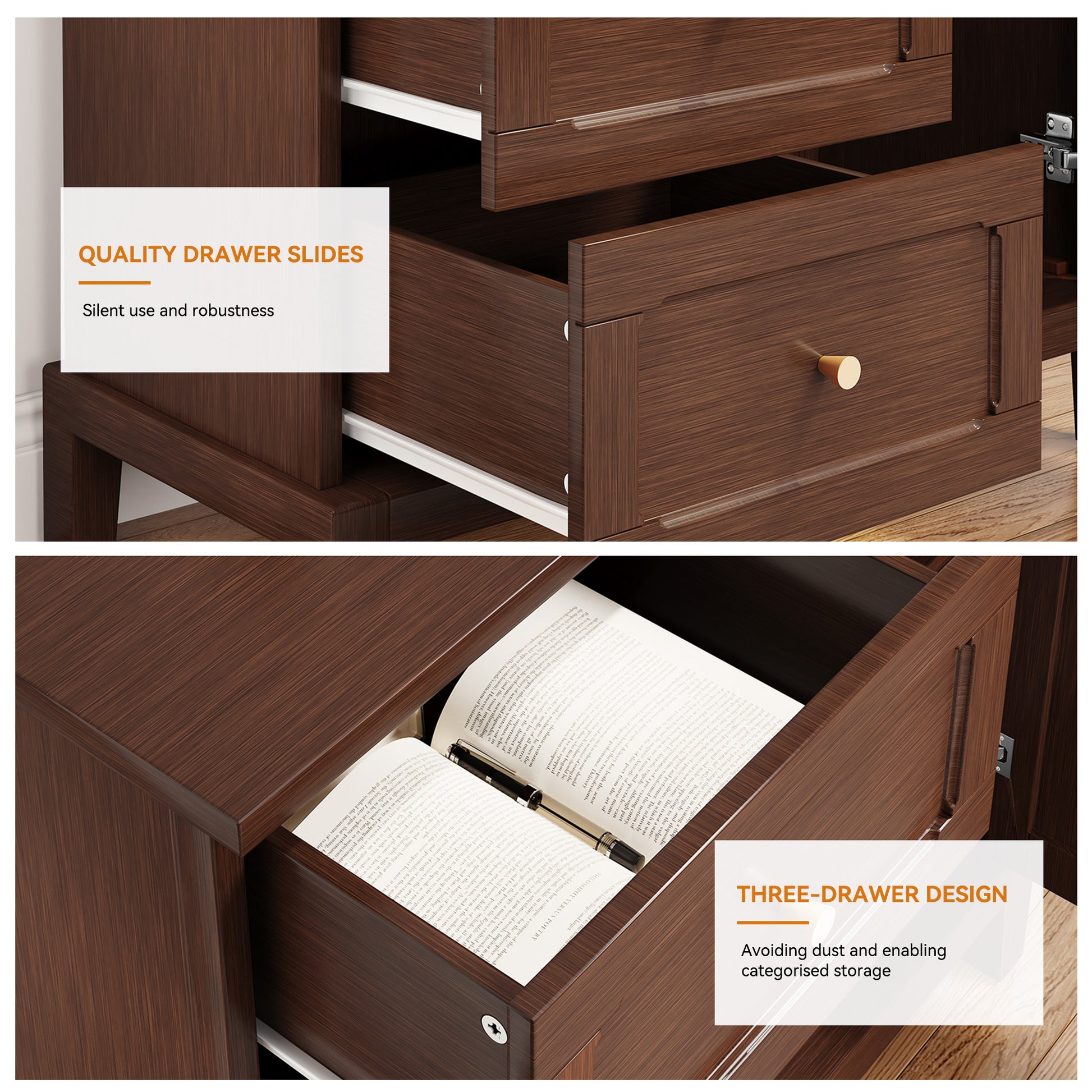 CBJCBJ 31.7"Storage Cabinet, Classical 3 Drawers & 1 Door Design with Gold-Tone Handles, Multi-Use Organizer for Living Room, Kitchen, Bathroom（Brown)