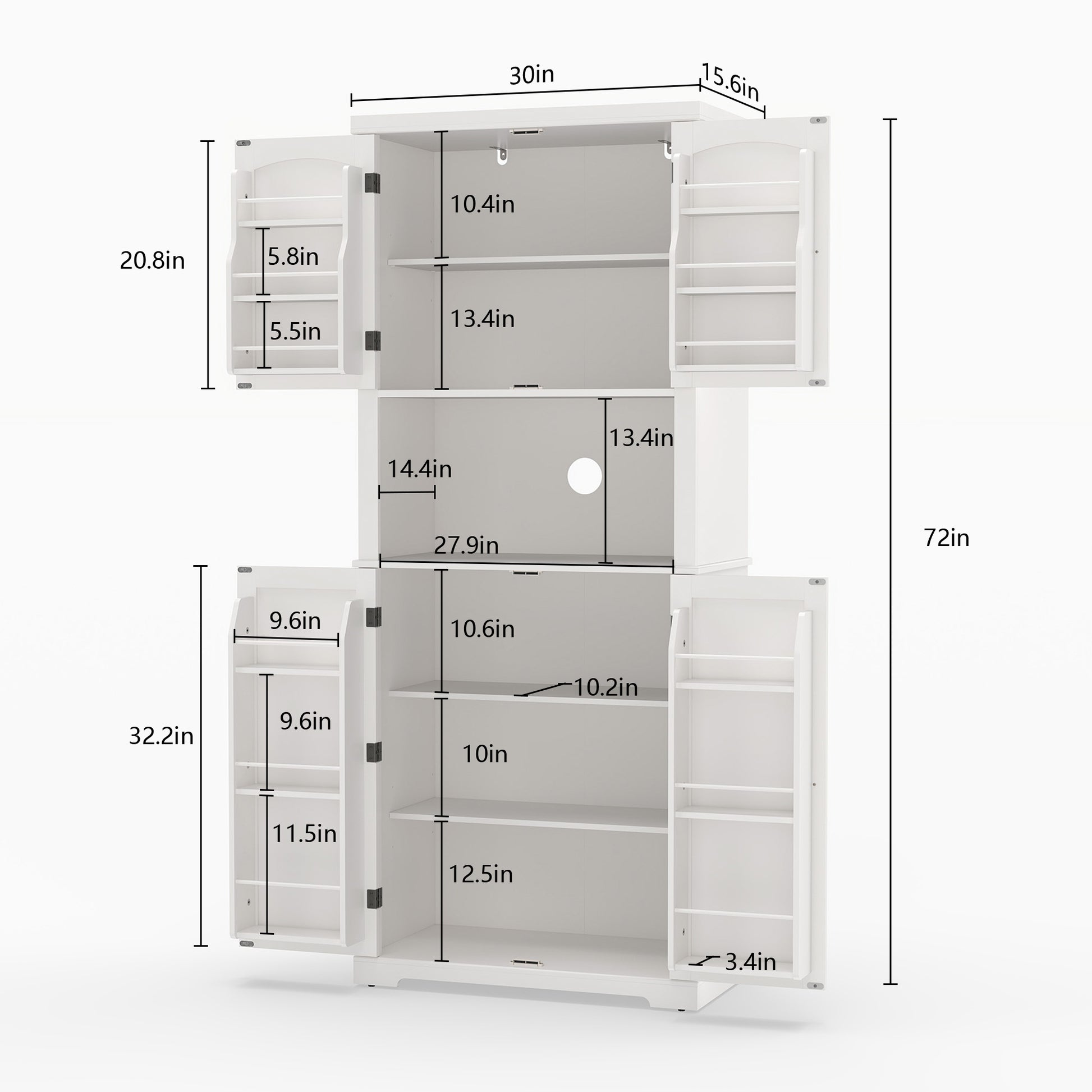 HLR 72" Kitchen Pantry Cabinet, Freestanding Pantry Storage Cabinet with Hutch & Shelves, White