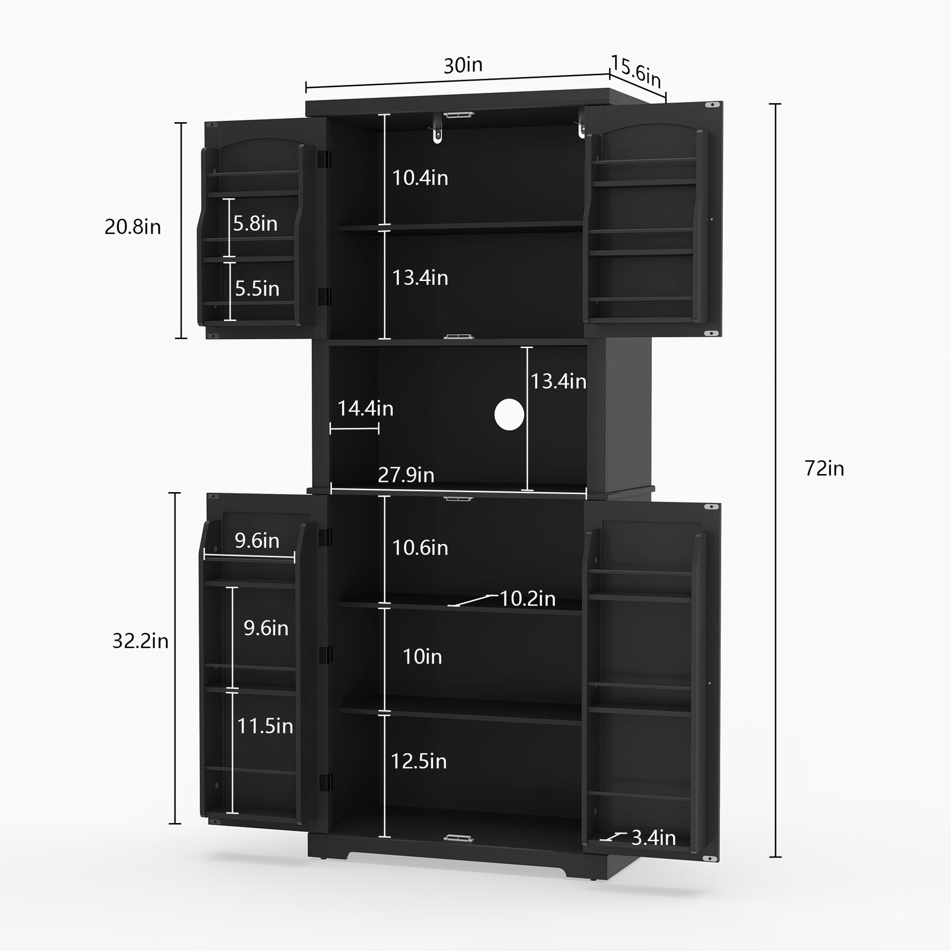 HLR 72" Kitchen Pantry Cabinet, Freestanding Pantry Storage Cabinet with Hutch & Shelves, Black