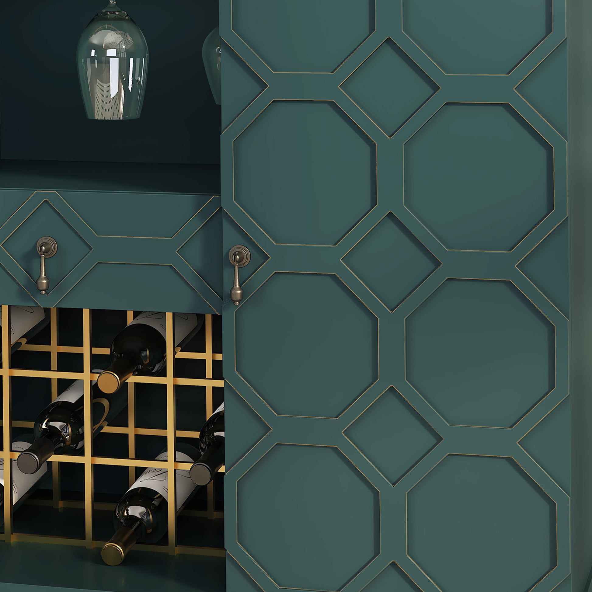 HLR Modern 47.2" Wine Bar Cabinet with Drawer, Geometric Door Buffet Sideboard Coffee Bar for Kitchen, Green