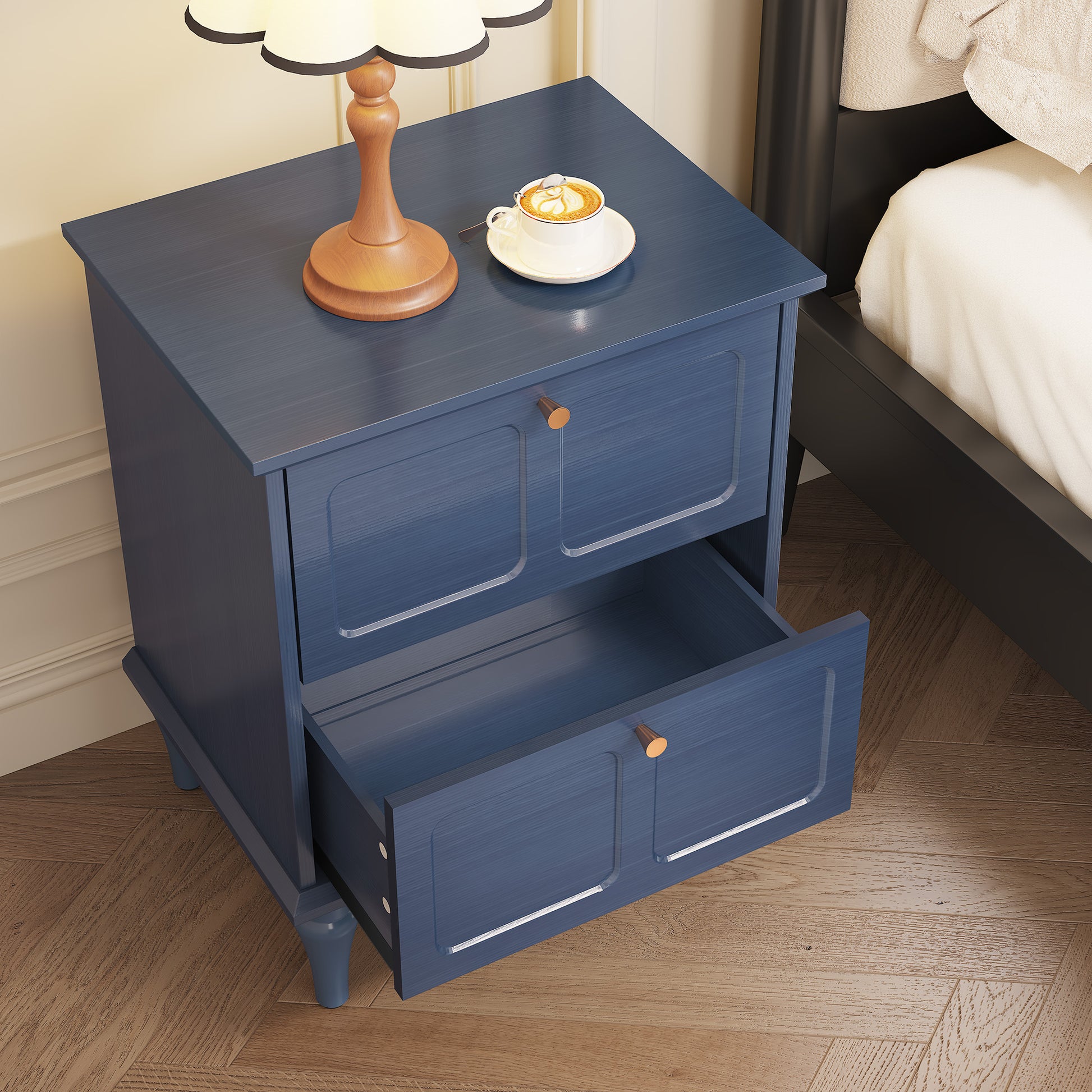 CBJCBJ21" Mid-century Nightstands Set of Two, Featuring Two Storage Drawers with Metal Handles, Blue