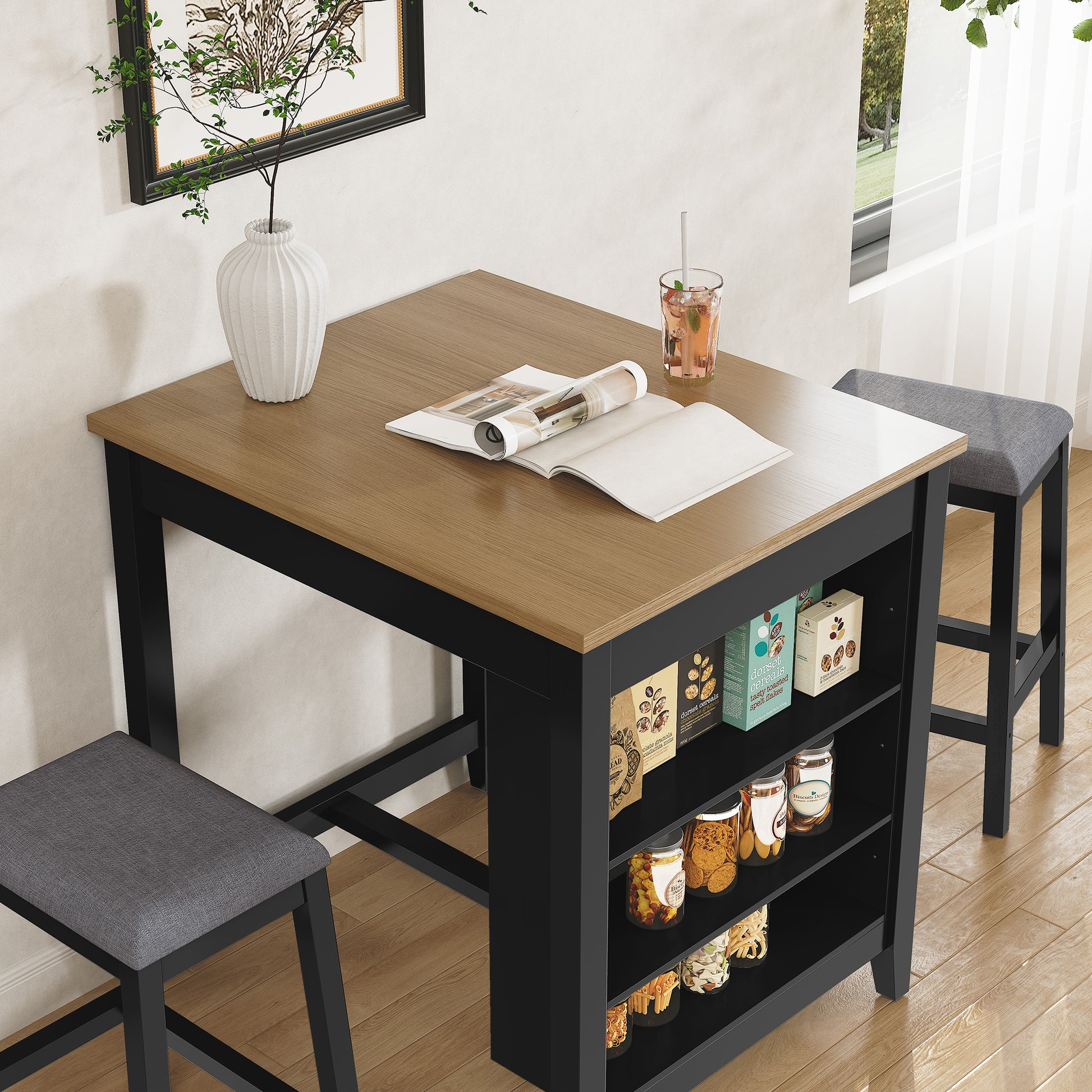 HLR Farmhouse Black Dining Table for 2 with Seasoning Rack, Kitchen Dining Room Table for Small Space(Apartment)