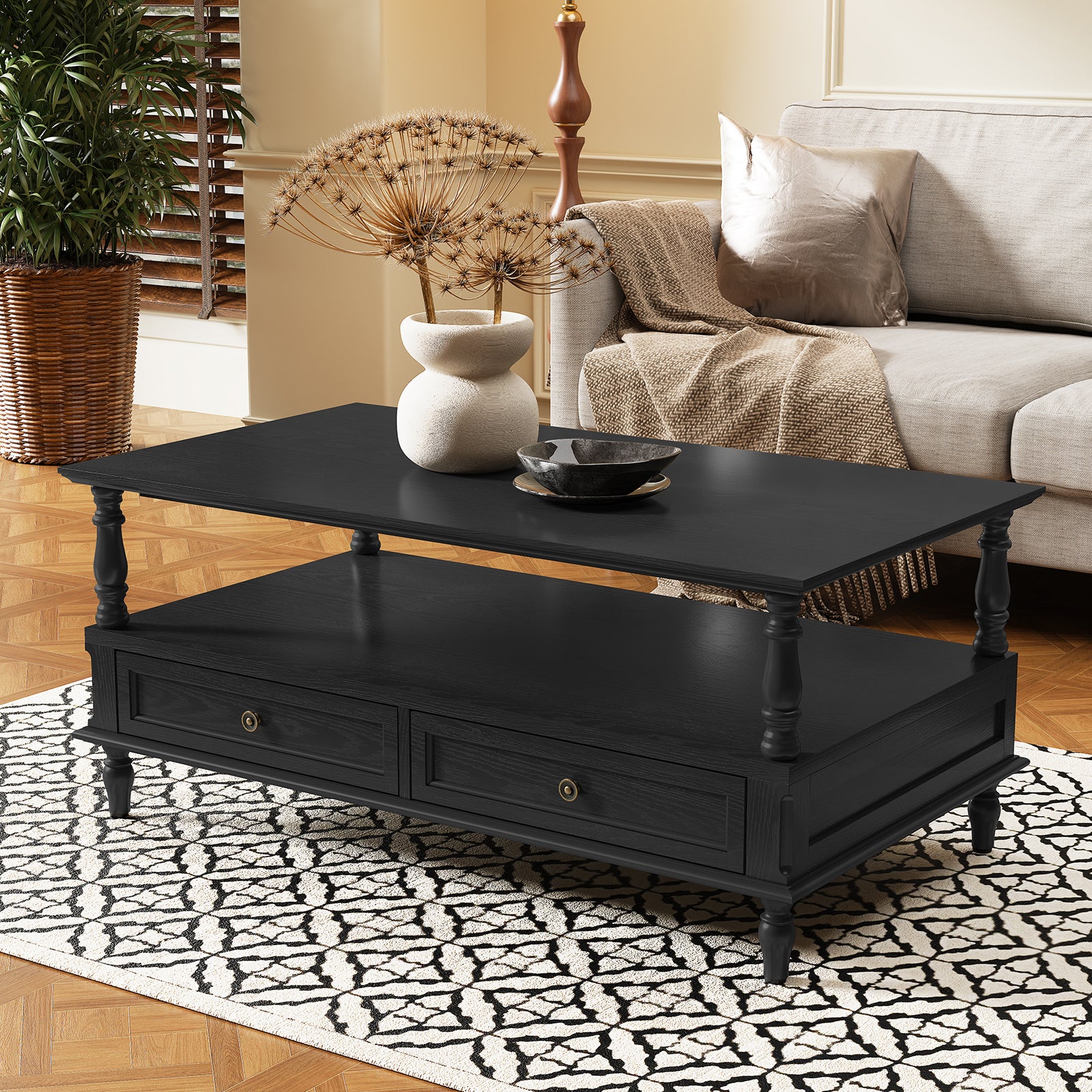 CBJCBJ 41"Retro Coffee Table with Drawers and Open Storage, Center Table for Living Room,Black