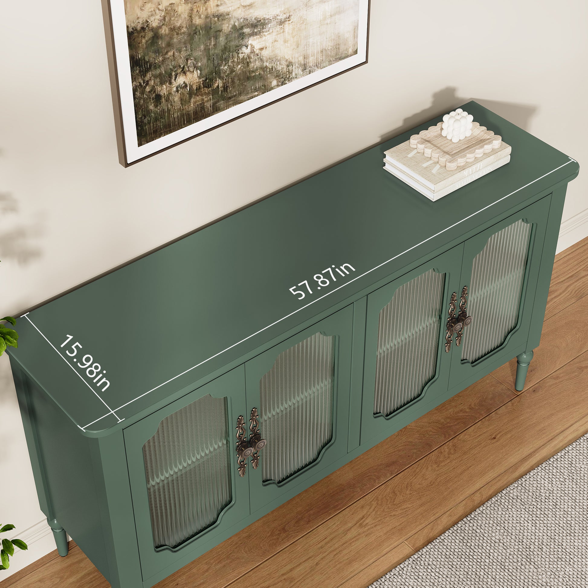 CBJCBJ Retro 58'' Wood Sideboard Buffet Cabinet,Storage Cabinet with Glass Doors for Living Dining & Bedroom,Green