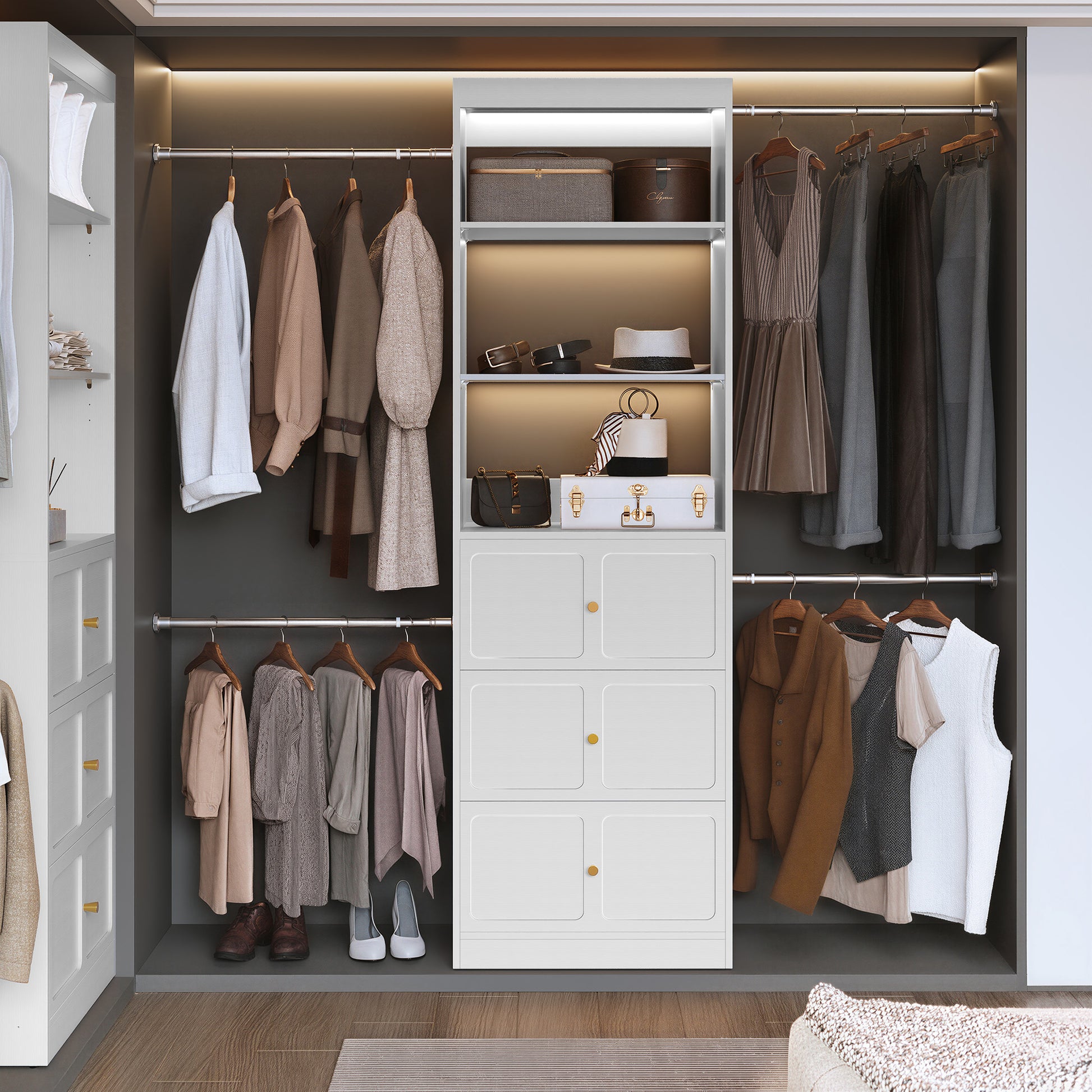 HLR Open Wardrobe Closet System with Adjustable Hanging Rods, Storage Cabinet with Drawers and Shelves, White