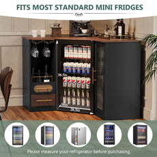 HLR Modern Corner Bar Cabinets with Mini Fridge Space, Wine Glass Rack, Storage Drawers, Black