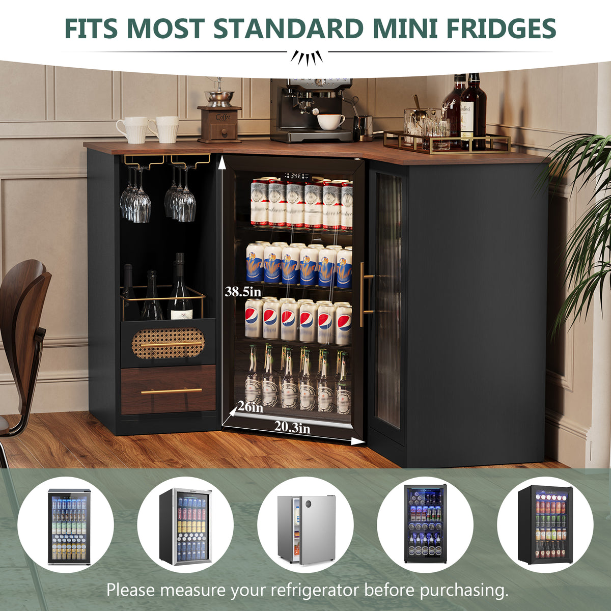 HLR Modern Corner Bar Cabinets with Mini Fridge Space, Wine Glass Rack, Storage Drawers, Black