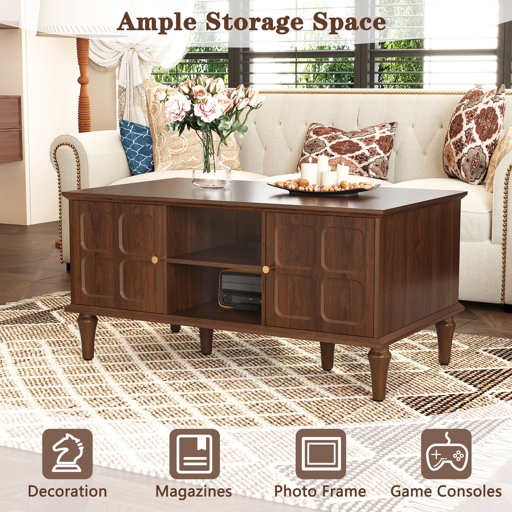 HLR 39.4" Mid Century Coffee Table with Storage, Wood Center Table with Open Shelves for Living Room, Brown