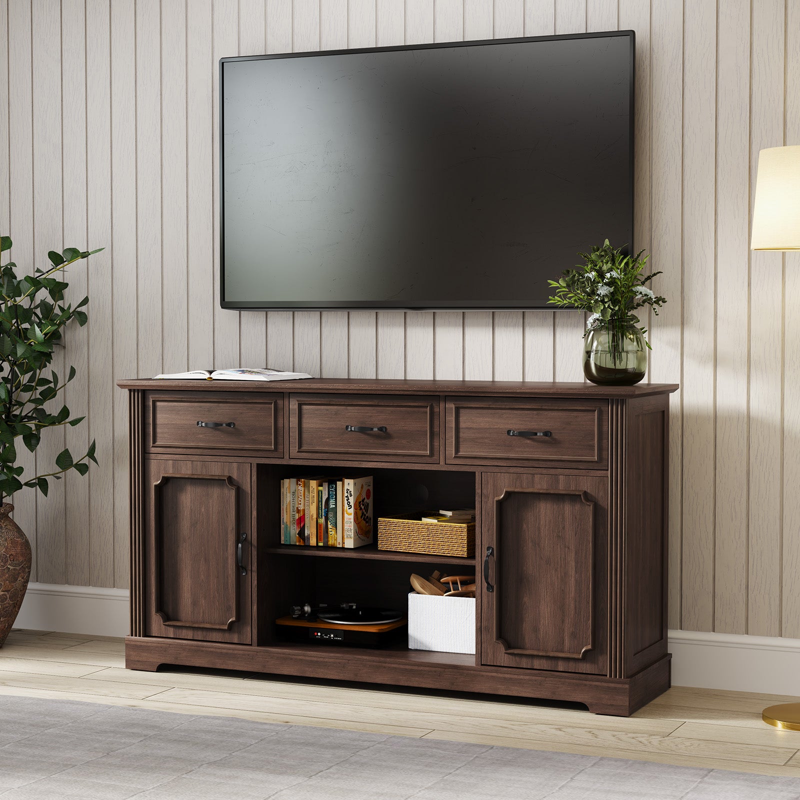 HLR Mid Century 60" TV Stand for TV up to 65", Entertainment Center with Drawers Storage for Living Room, Brown