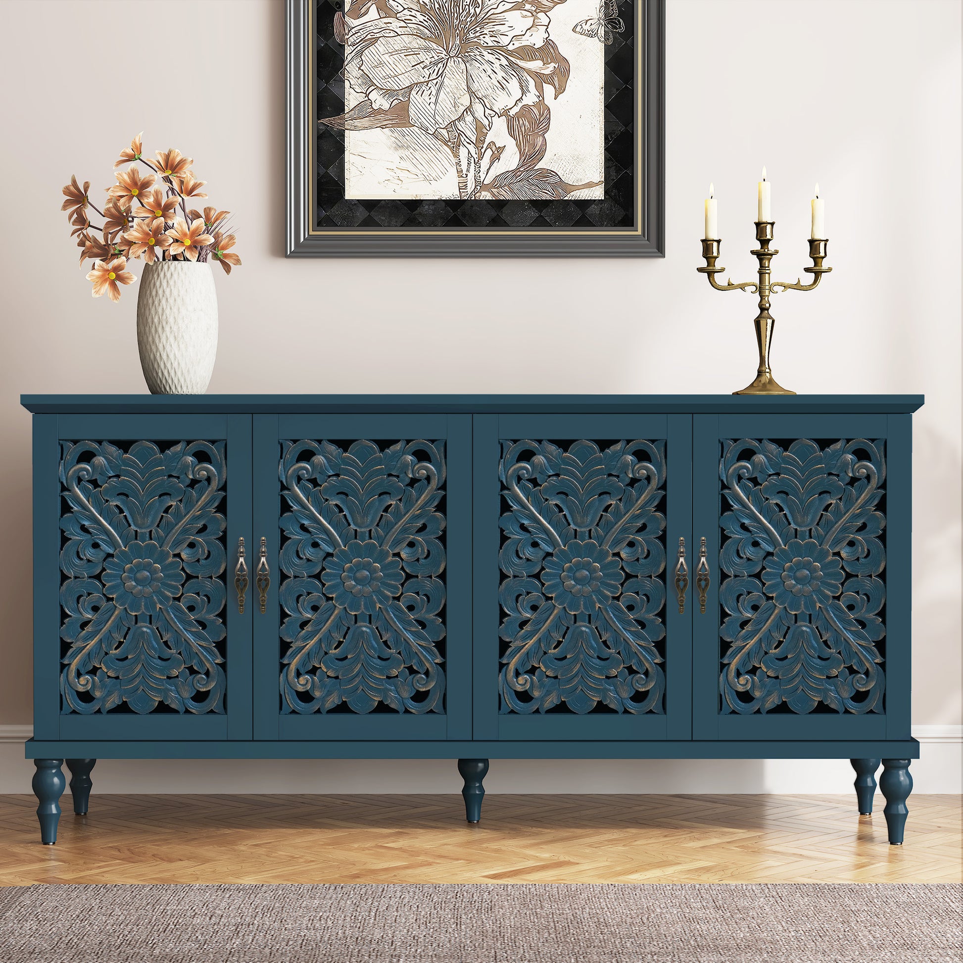 CBJCBJ Mid-Century Retro 62" Wood Openwork Carved 4 Door Sideboard Buffet Cabinet for Living Dining & Bedroom,Blue
