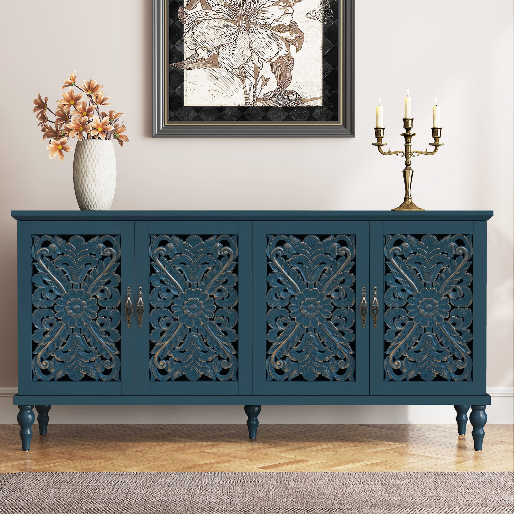 CBJCBJ Mid-Century Retro 62" Wood Openwork Carved 4 Door Sideboard Buffet Cabinet for Living Dining & Bedroom,Blue