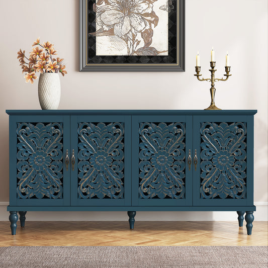 CBJCBJ 63" Mid Century Retro Sideboard Buffet Cabinet 4 Door, Accent Cabinet for Dining Room, Blue