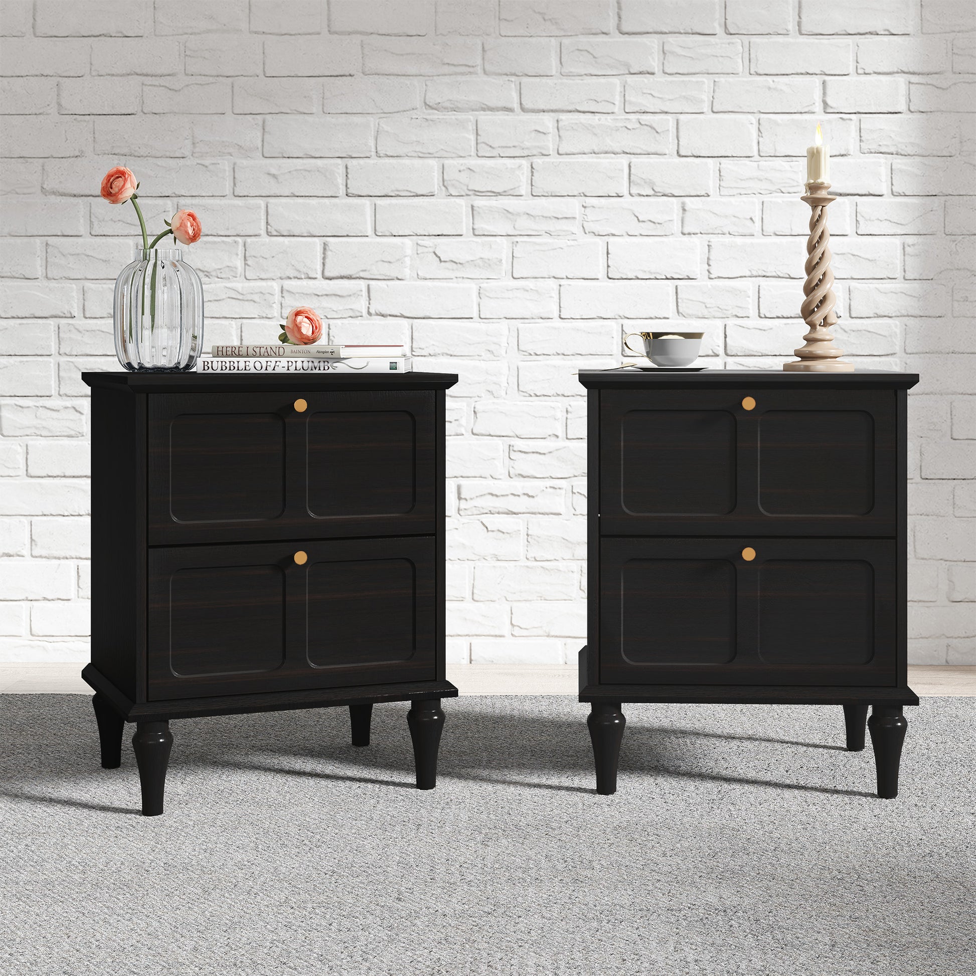 HLR 20" Mid Century Nightstands Set of 2 with Drawers, Wood Bedside Table End Table for Bedroom, Black