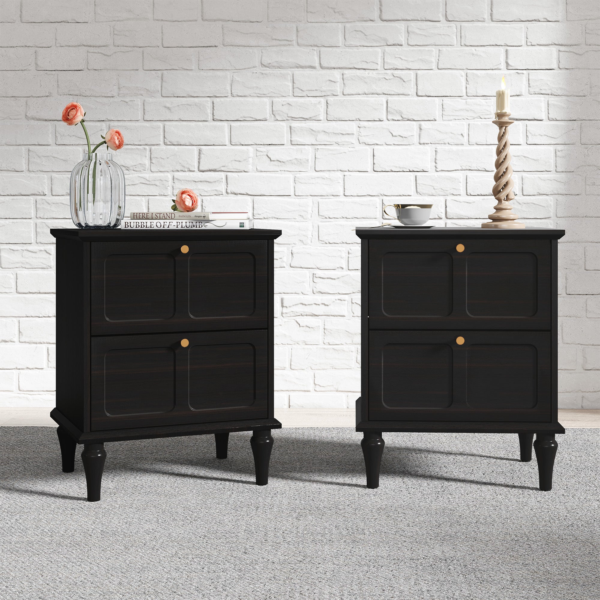 HLR 20" Mid Century Nightstands Set of 2 with Drawers, Wood Bedside Table End Table for Bedroom, Black
