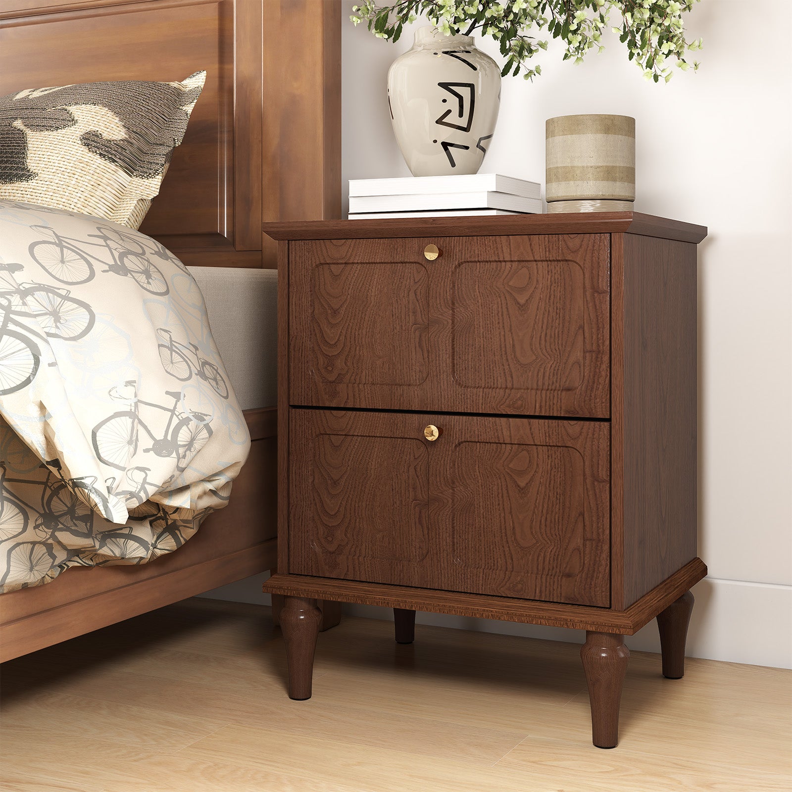 HLR 20" Mid Century Nightstands Set of 2 with Drawers, Wood Bedside Table End Table for Bedroom, Brown