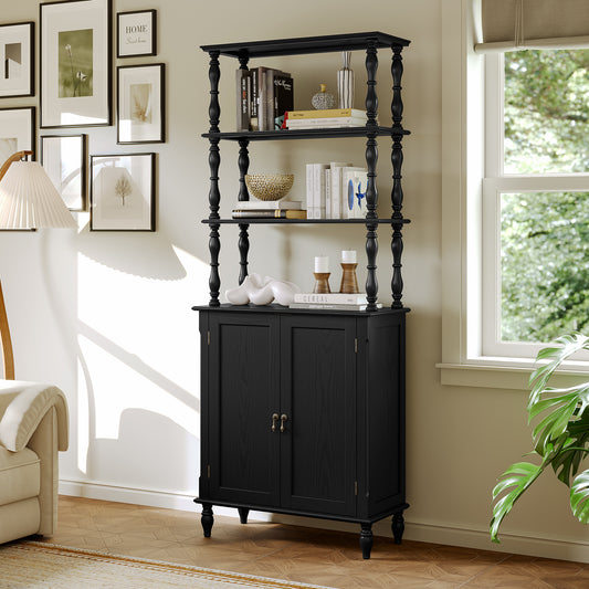 CBJCBJ 77.5" Retro Bookcase with Storage Cabinet and Removable Display Shelf, Suitable for Living Room, Study Room,Black