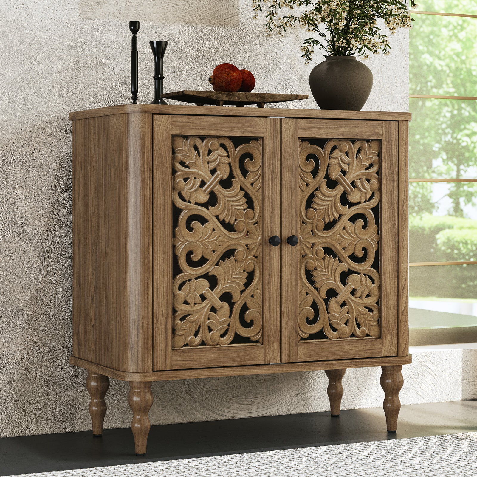 CBJCBJ 31.5" Retro Arc Carved Sideboard Buffet Cabinet, Wooden Credenza Storage for Dining Room, Brown