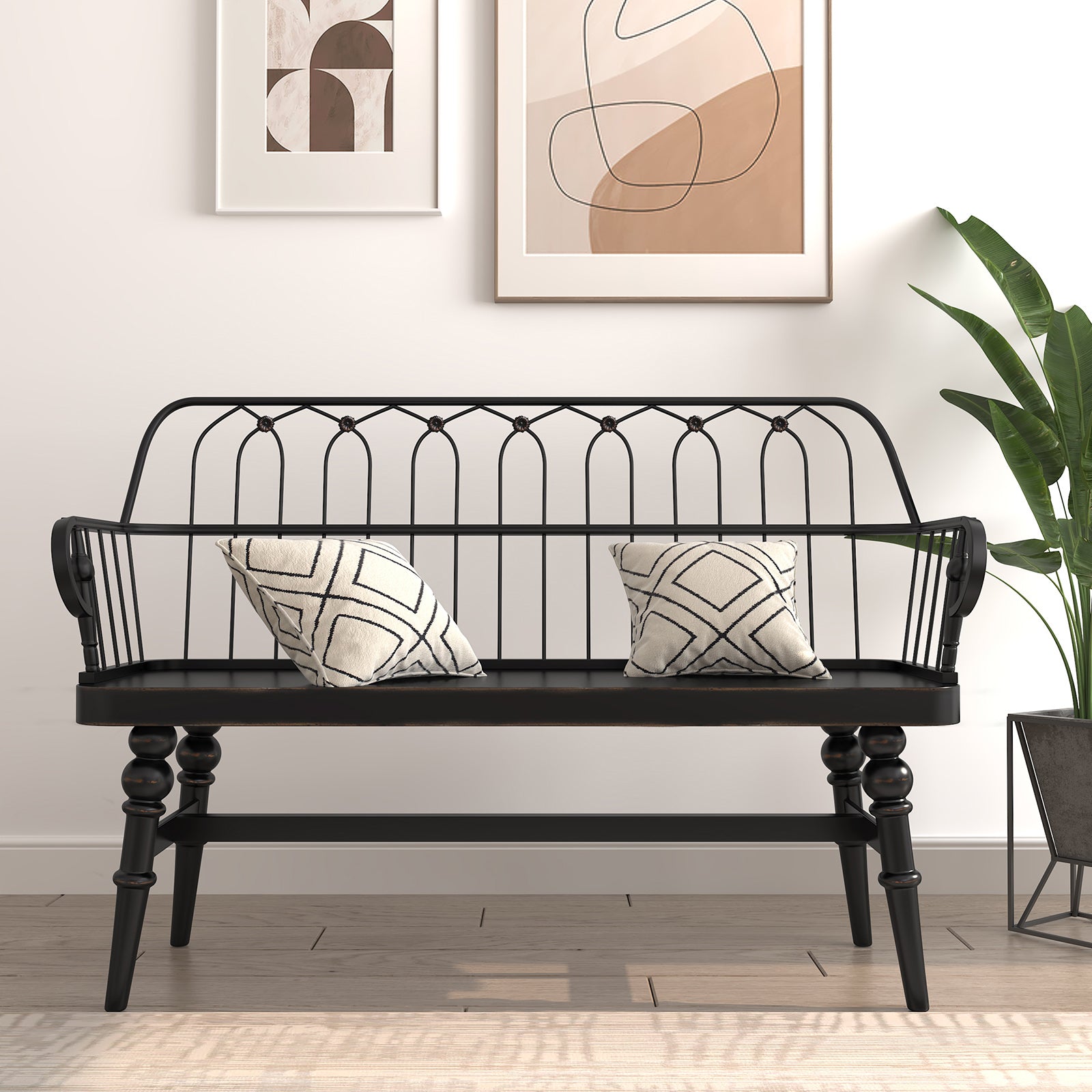 CBJCBJ Rustic Farmhouse Solid Wood Entryway Bench with Spindle Back, Small Indoor Wooden Dining Bench, Black