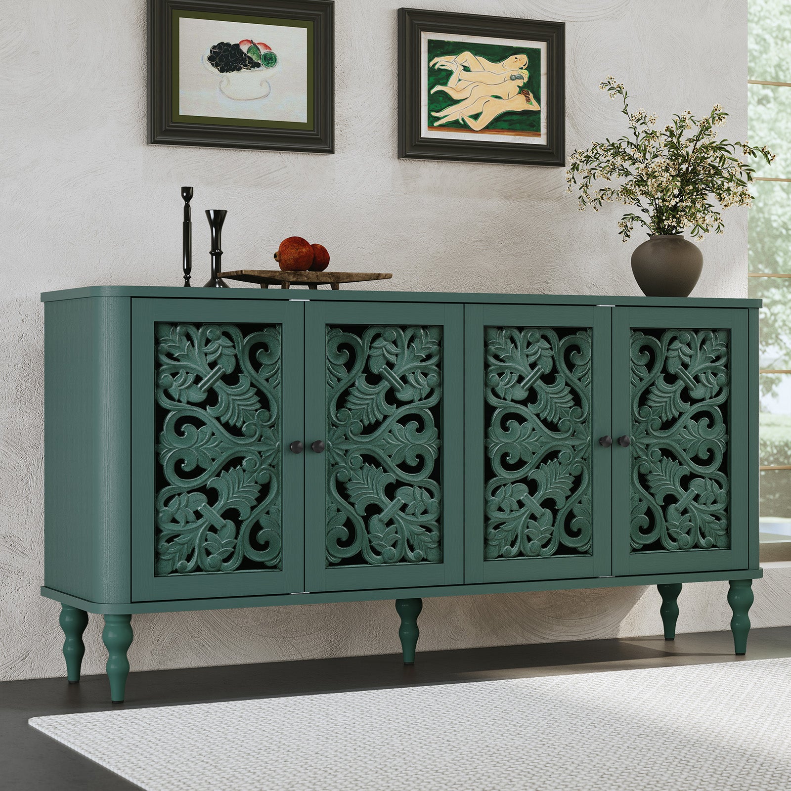 CBJCBJ 63" Retro Arc Carved Sideboard Buffet Cabinet, Wooden Credenza Storage for Dining Room, Green