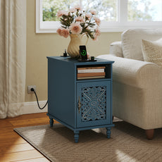 CBJCBJ Retro Carved End Table with Socket, Side Table with Open Compartment and Storage Cabinet, Bedside Table for Bedroom,Blue