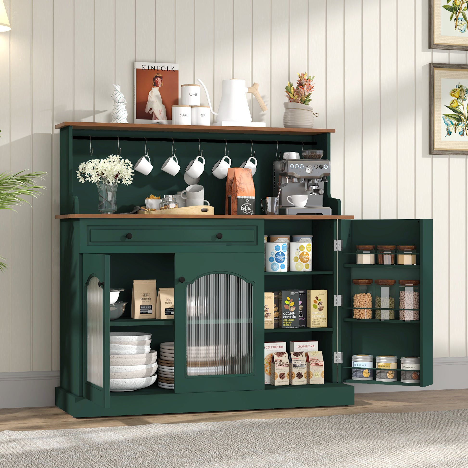 CBJCBJ 48" Modern Wood Kitchen Pantry Cabinet, Coffee Bar with Drawer & Microwave Stand, Dining Room