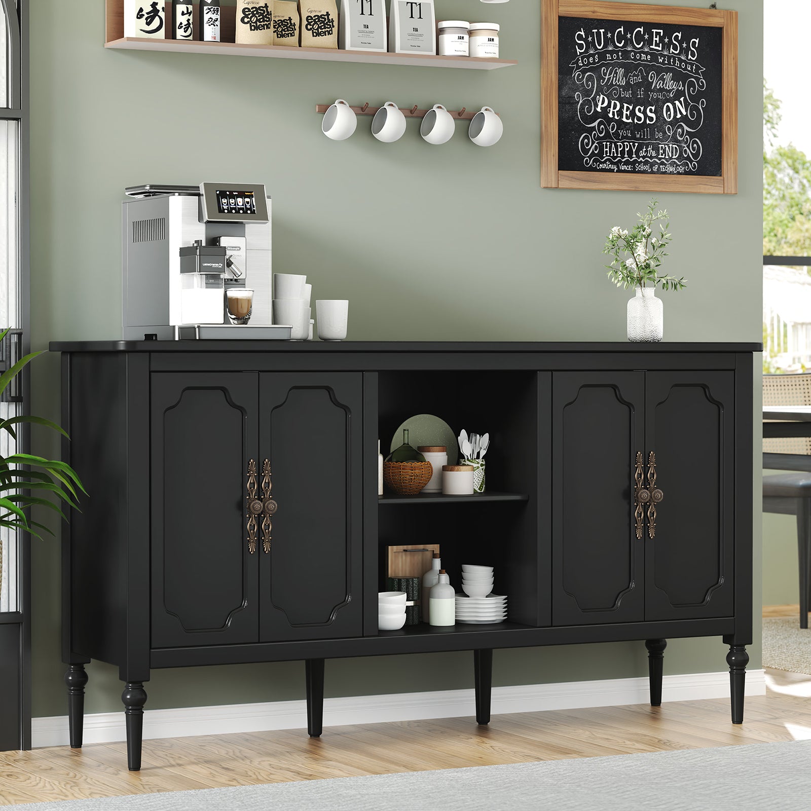 CBJCBJ 59" Mid-Century Storage Cabinet with Adjustable Shelves, Double-Layer Open Design for Living Room & Bedroom, Black