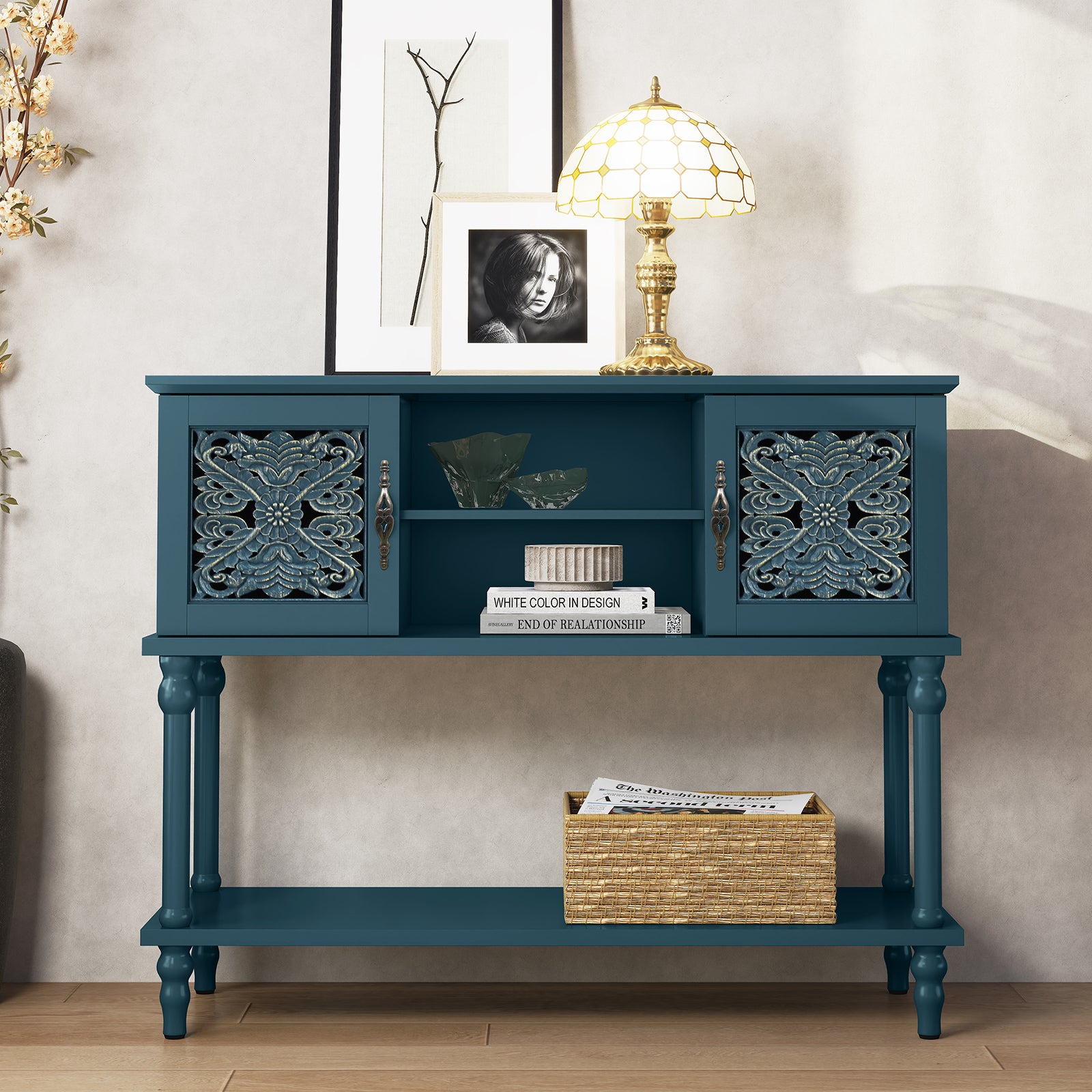 CBJCBJ 42'' Modern Retro Console Table, Entryway Table with Open Storage Shelf , for Living Room,Blue