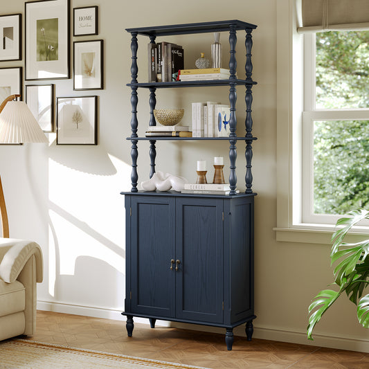 CBJCBJ 77.5" Retro Bookcase with Storage Cabinet and Removable Display Shelf, Suitable for Living Room, Study Room,Blue