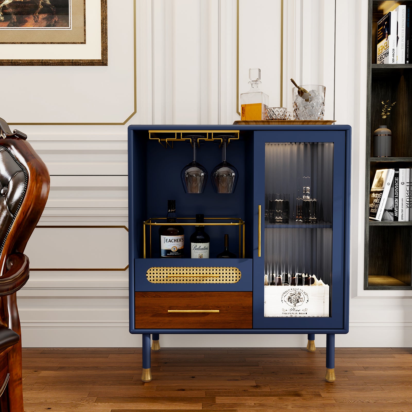 CBJCBJ Modern Coffee Bar Cabinet with Storage, Wine Cabinet with Glass Racks, Sideboard for Living Room,Blue
