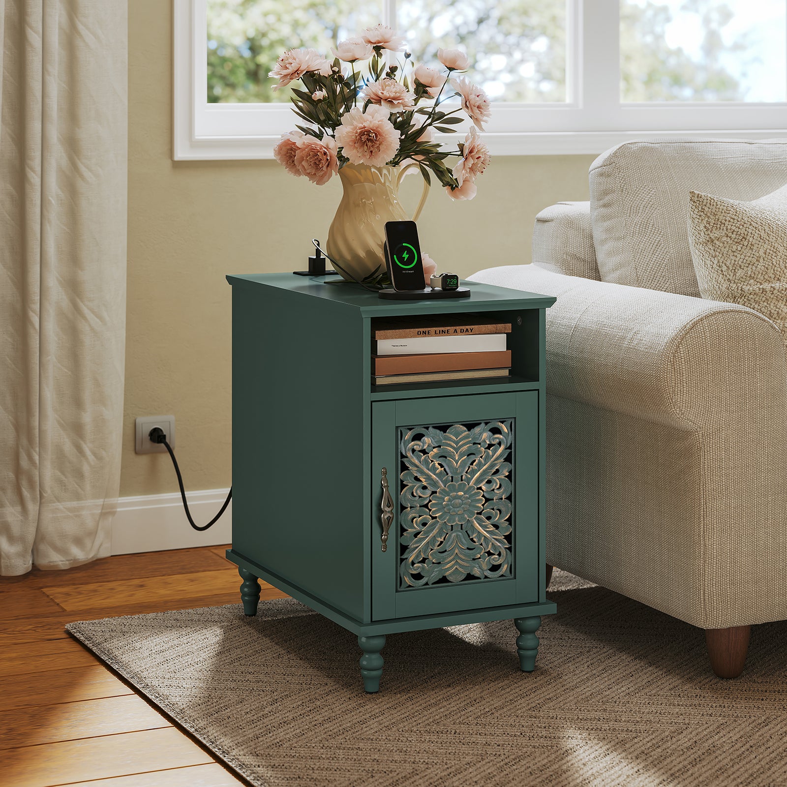 CBJCBJ Retro Carved End Table with Socket, Side Table with Open Compartment and Storage Cabinet, Bedside Table for Bedroom,Green