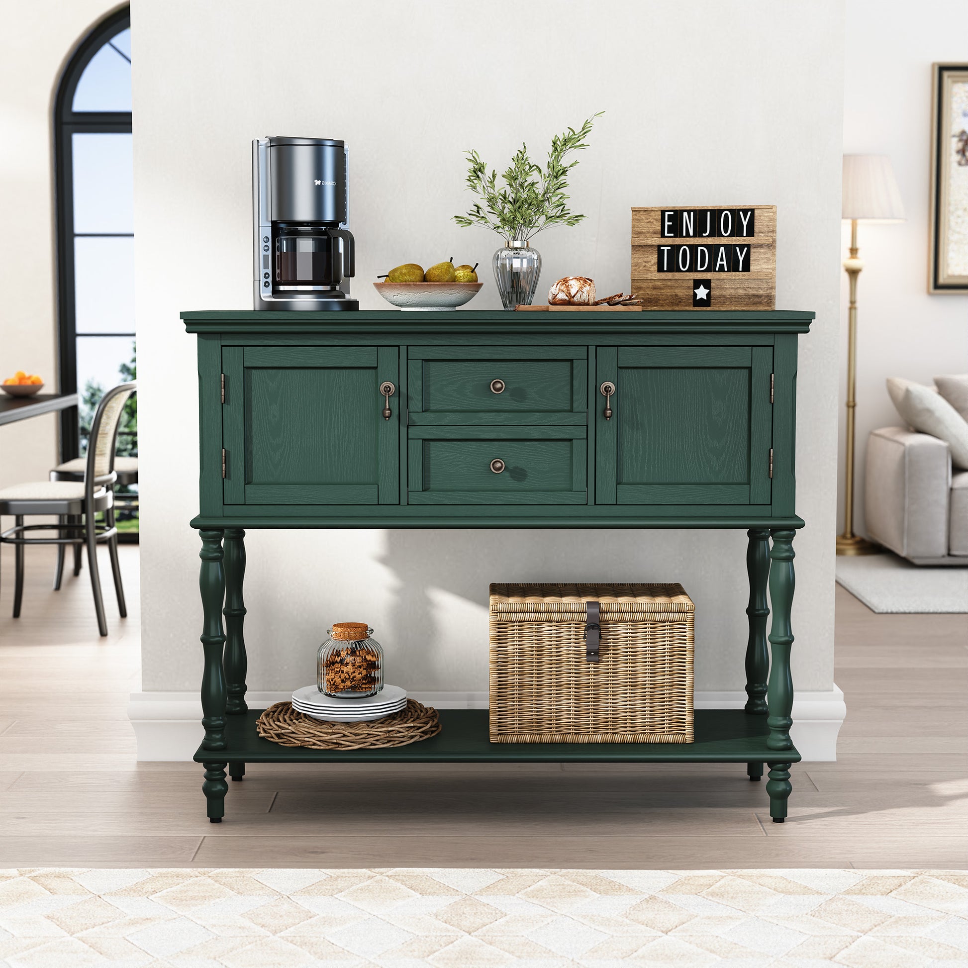 CBJCBJ 42" Farmhouse Console Table , 2 Drawer Narrow Long Entryway Table with Open Storage Shelf , for Living Room, Green