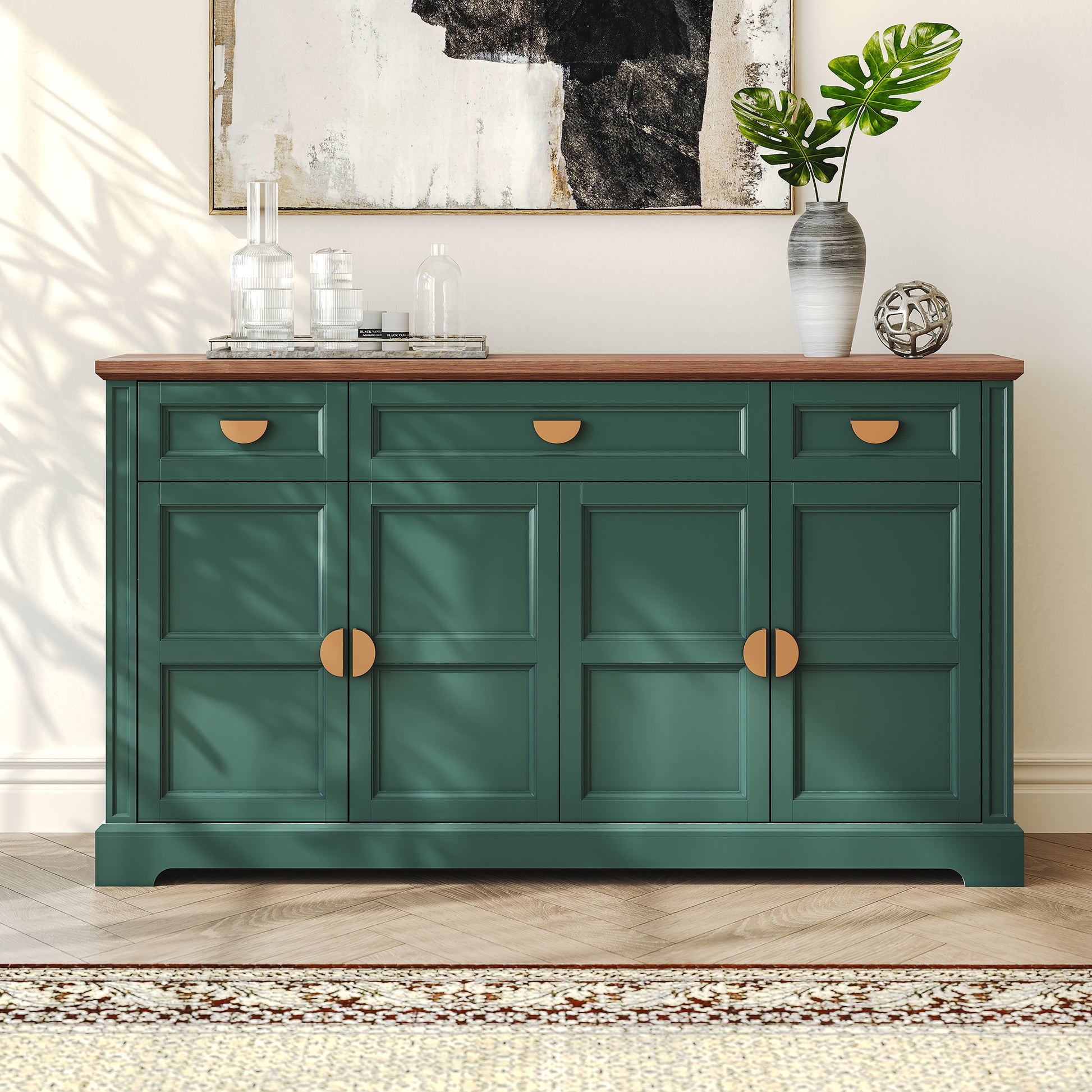 CBJCBJ Modern 60" Large Sideboard Storage Cabinet with Drawers, Farmhouse Wooden Coffee Bar, Green