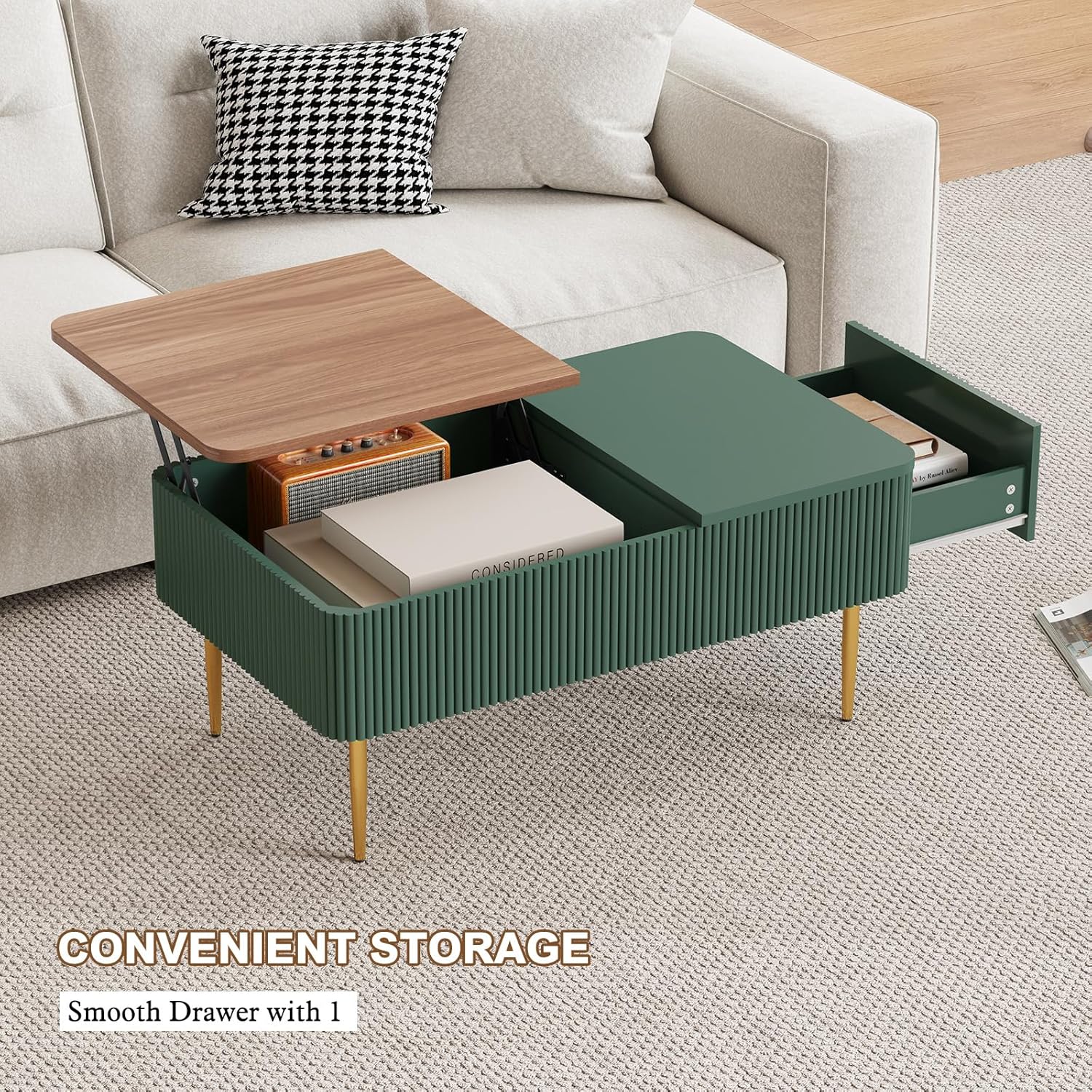 HLR® 39" Lift Top Coffee Table with Hidden Storage Compartment, Modern Rising Wood Dining Center Table