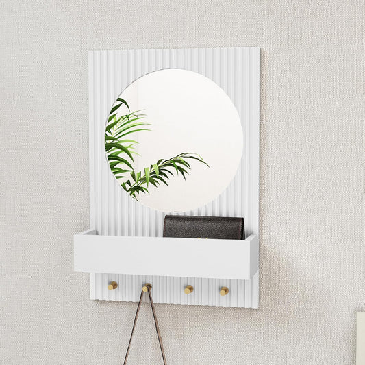 HLR® Wood Wall Mirror with Shelf&Hooks, 24"x16" White Wall-Mounted Mirrors