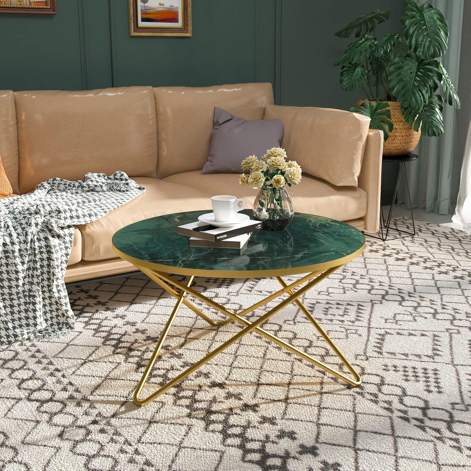 HLR® Round Coffee Table with Green Faux Marble Top