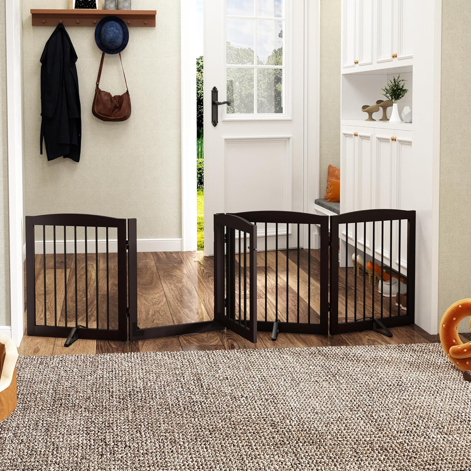 HLR® Freestanding Dog Gate with Door, Pet Gate for Stairs, 80 inch Wide Pet Barrier Indoor