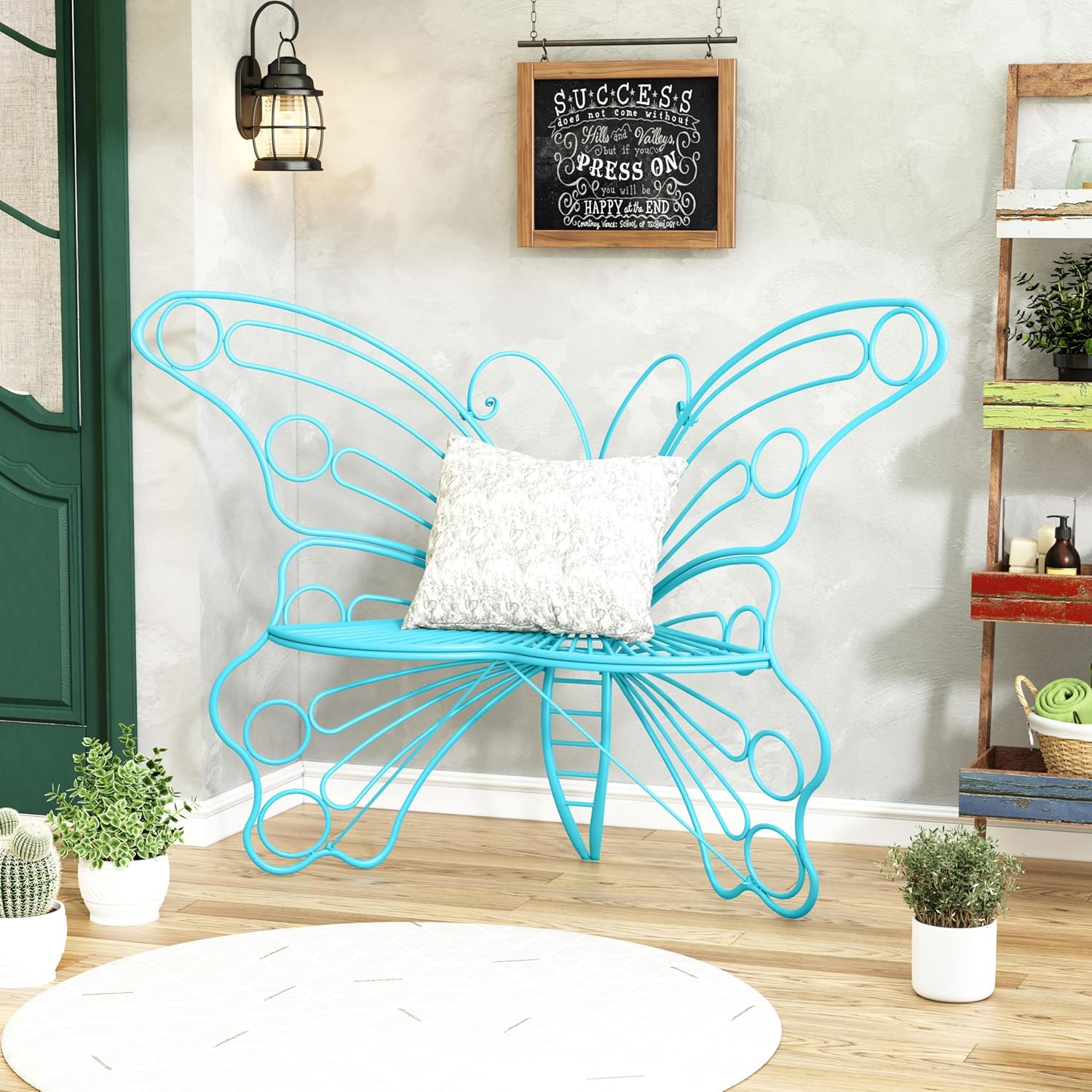 HLR® 50 Inches Outdoor Bench, Garden Bench with Sturdy Iron Metal Frame, Pretty Butterfly Bench Front Porch Bench