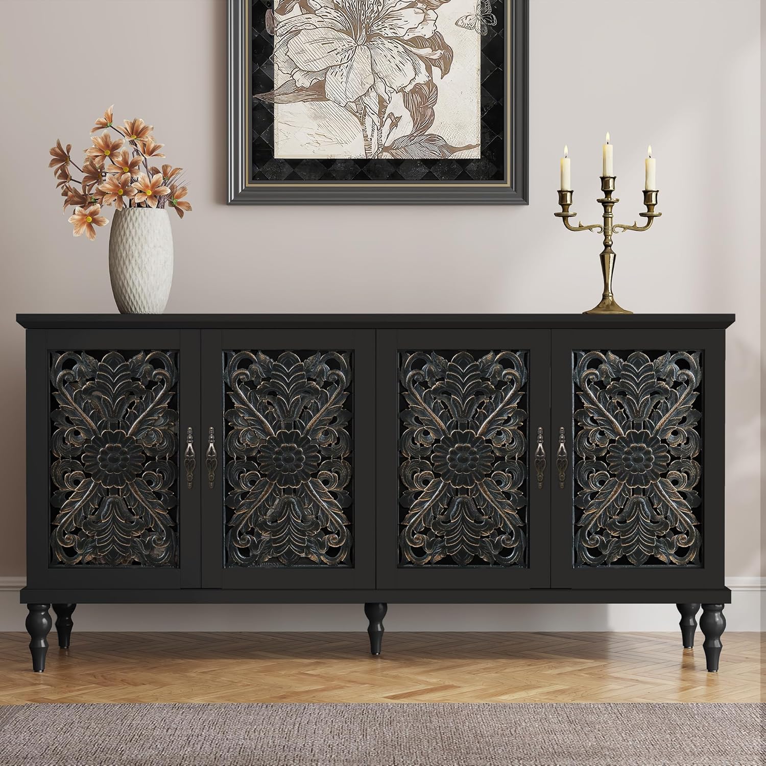 HLR® Accent Cabinet with 2 Doors, Vintage Carved Wood Storage Cabinet, Sideboard Buffet Cabinet