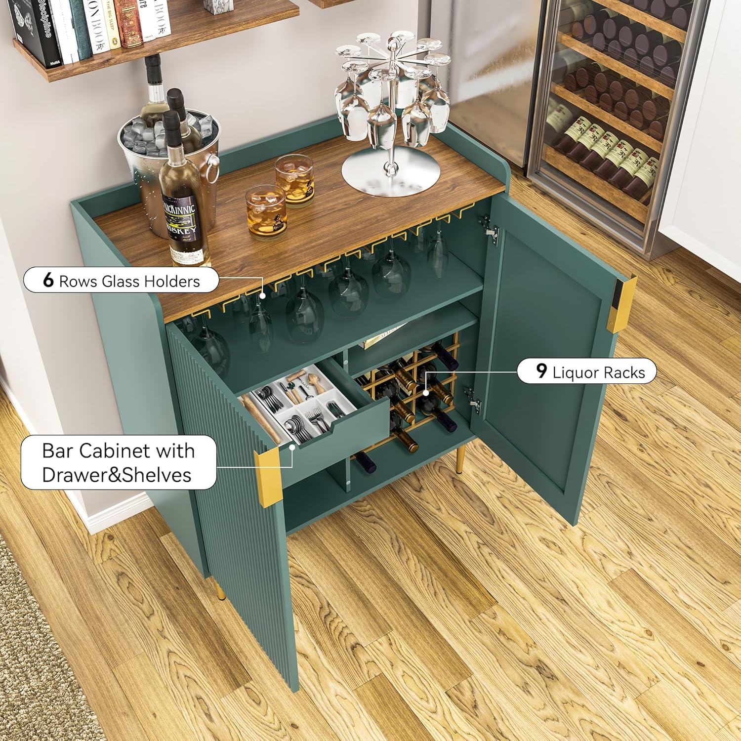 HLR® Coffee Bar Cabinet with Wine Racks, Green Liquor Cabinet with Fluted Texture