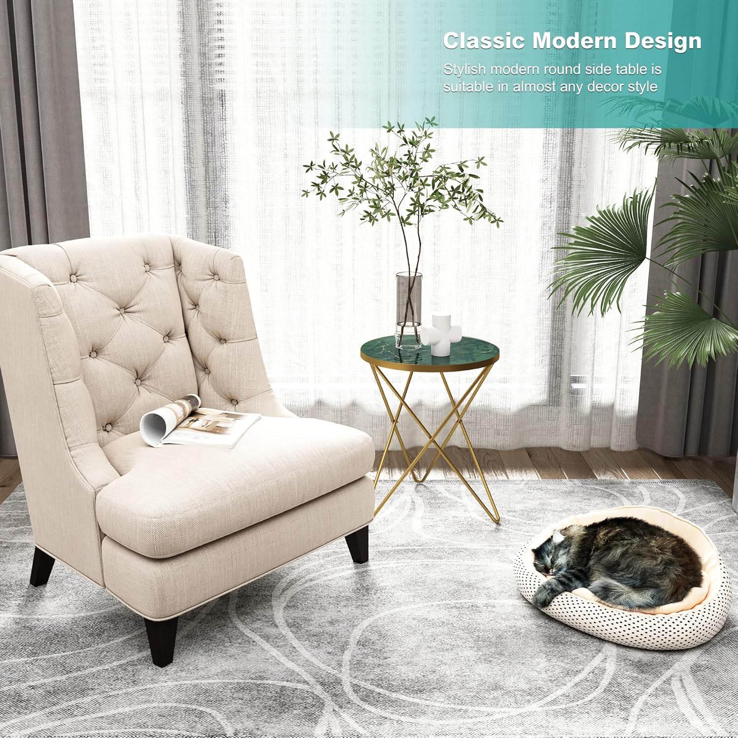 HLR® Modern Round Side Table, End Table with Marble Effect Top and Gold Metal Frame