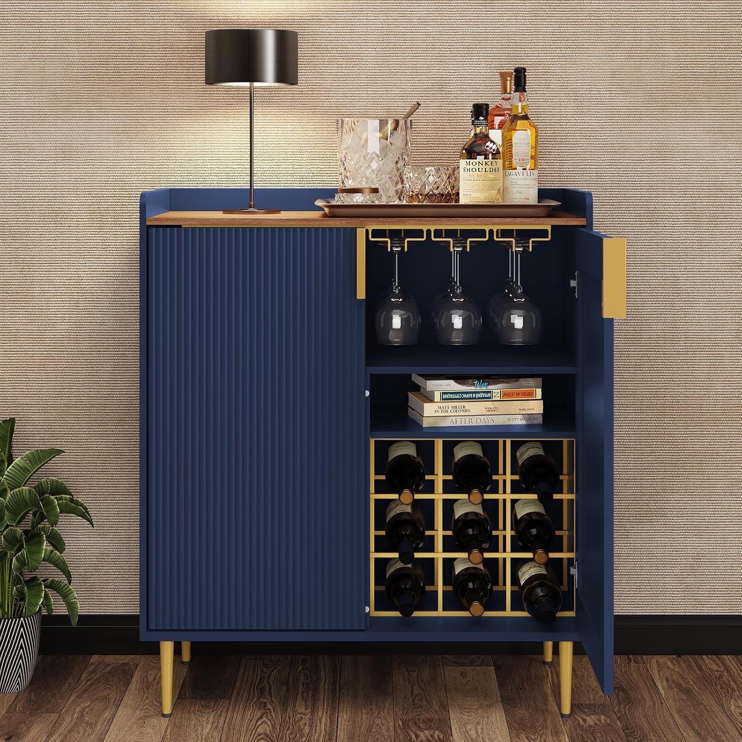 HLR® Coffee Bar Cabinet with Wine Racks, Green Liquor Cabinet with Fluted Texture
