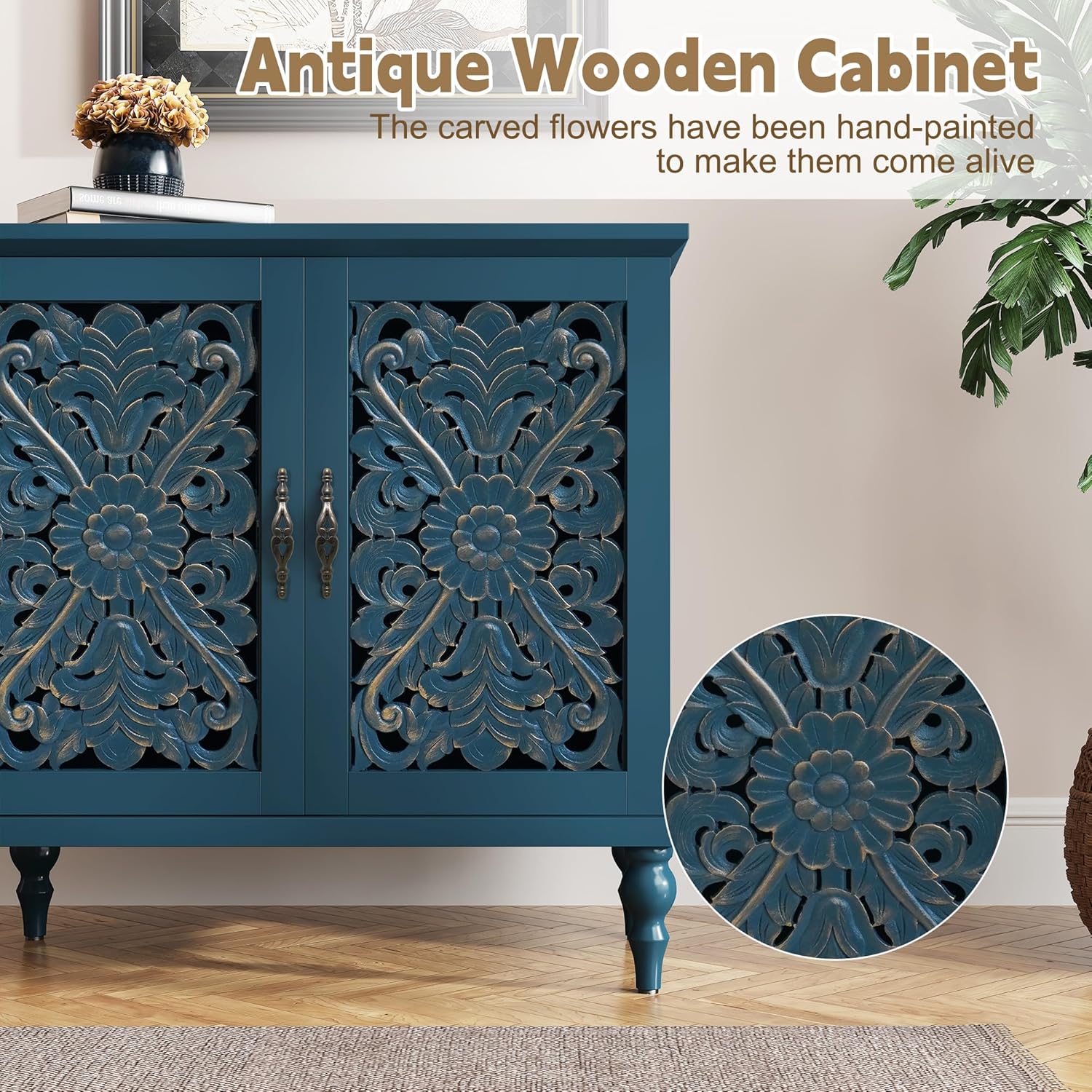 HLR® Accent Cabinet with 2 Doors, Vintage Carved Wood Storage Cabinet, Sideboard Buffet Cabinet