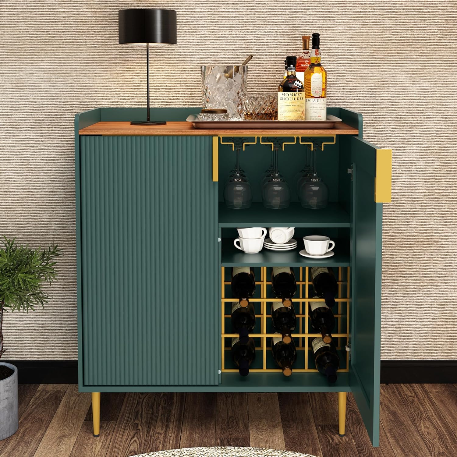 HLR® Coffee Bar Cabinet with Wine Racks, Green Liquor Cabinet with Fluted Texture