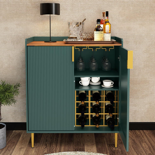 HLR® Coffee Bar Cabinet with Wine Racks, Green Liquor Cabinet with Fluted Texture
